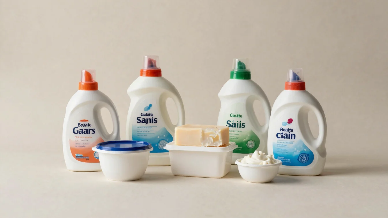 Orderly still-life of detergent and soap containers on a pale sur