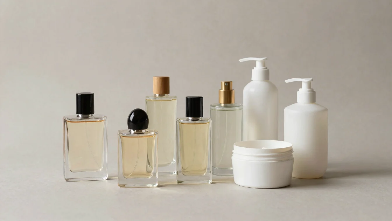 Still-life of perfume bottles and toilet preparation containers i