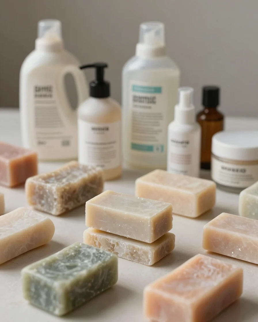 Editorial still life of orderly soap bars, detergent bottles, and cosmetic containers on a clean work surface, soft diff