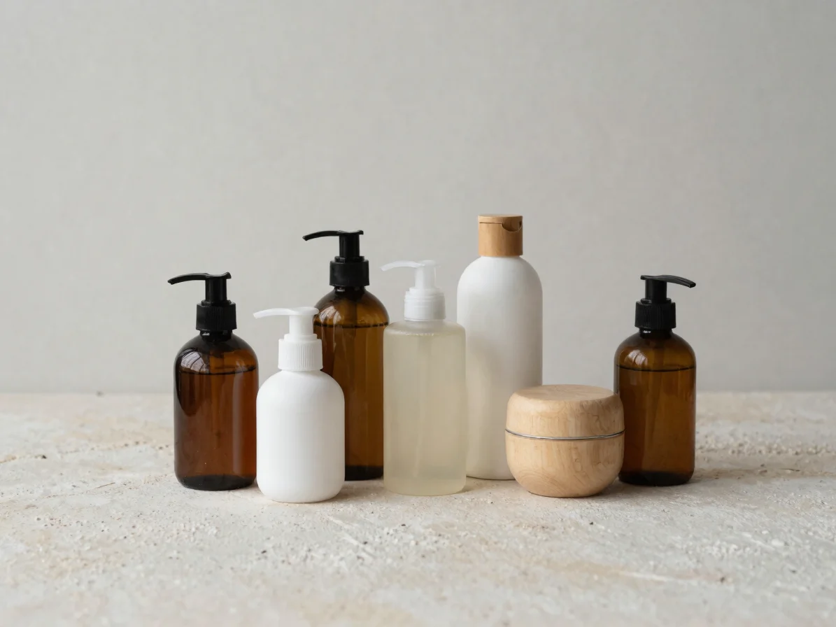 Still-life grouping of shaving and after-shave bottles on a pale