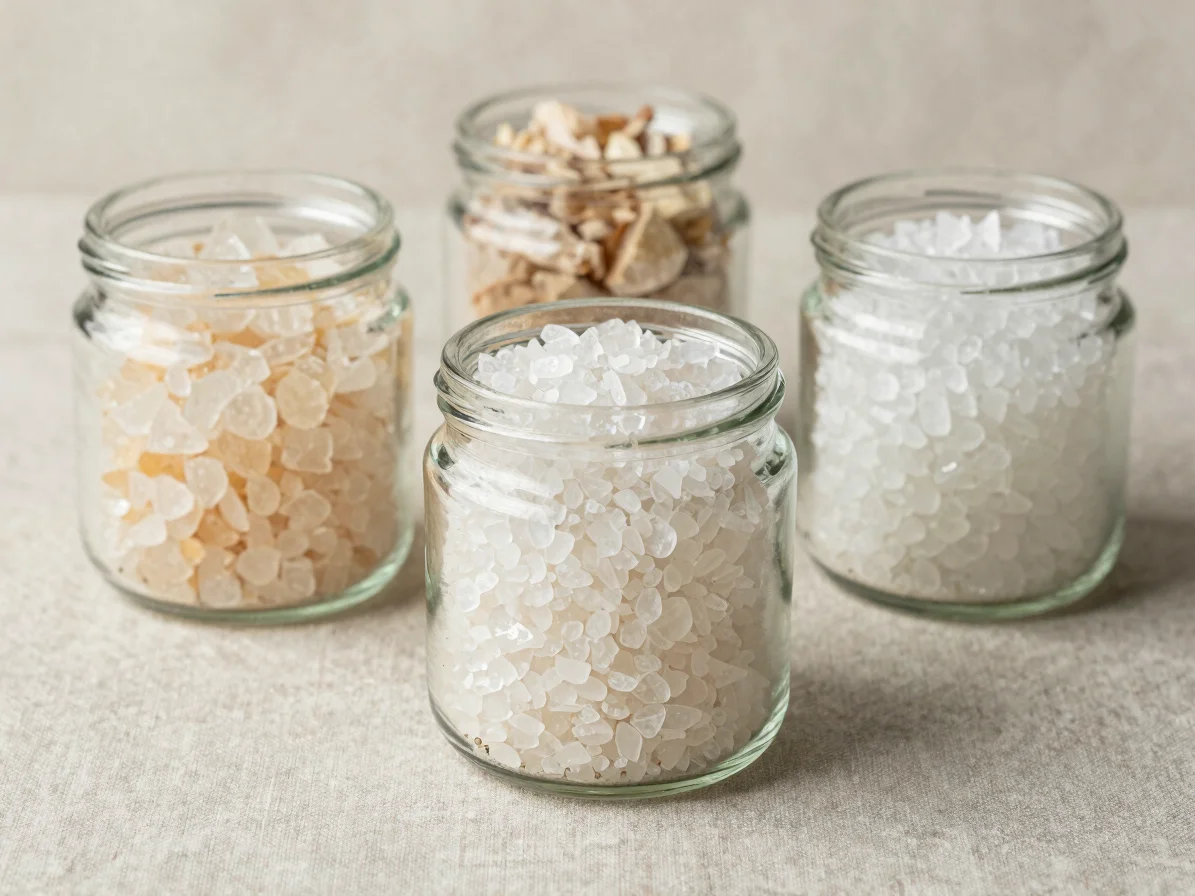 Glass jars of perfumed bath salt with textured crystalline grains
