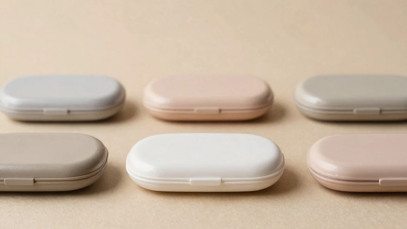 Orderly grouping of compact cosmetic cases and tubes on a warm ne