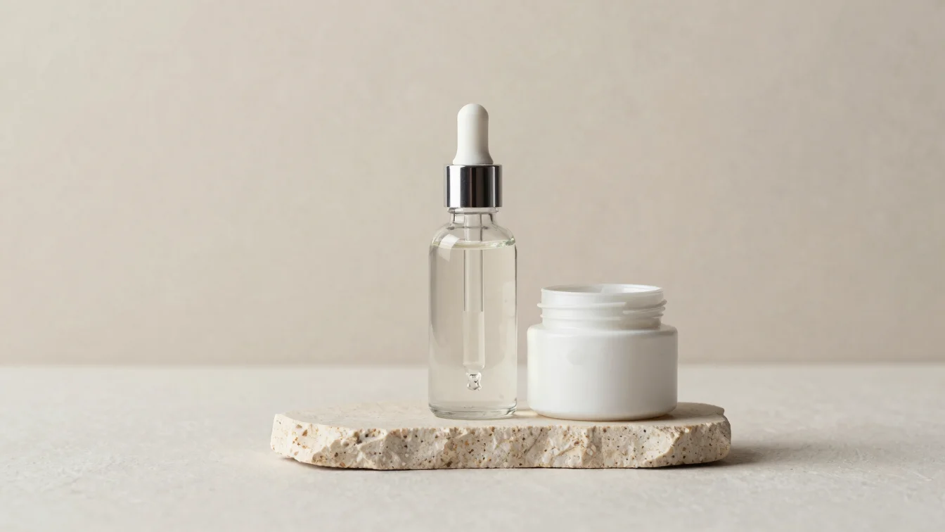 Clean glass dropper bottle and cream jar arranged on pale stone,