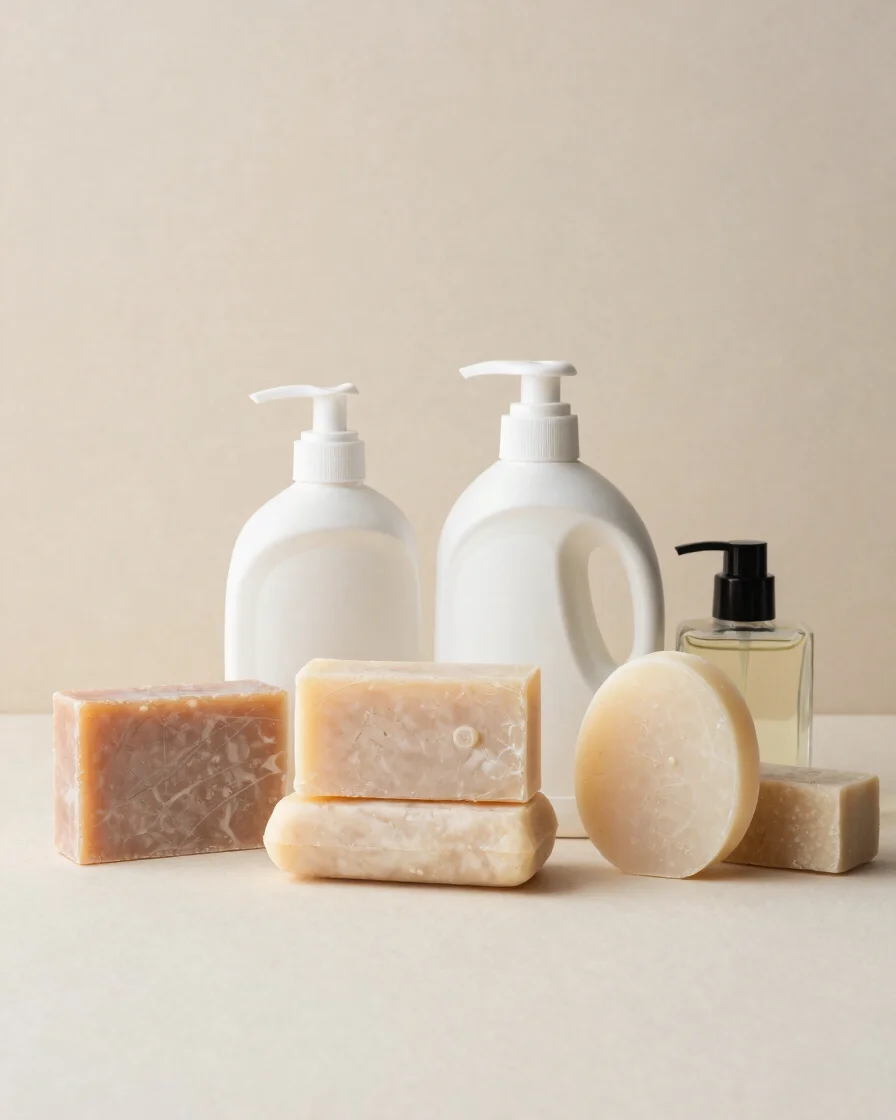 Editorial still-life of soap bars, detergent containers, and a perfume bottle grouped on a pale work surface, soft diffu